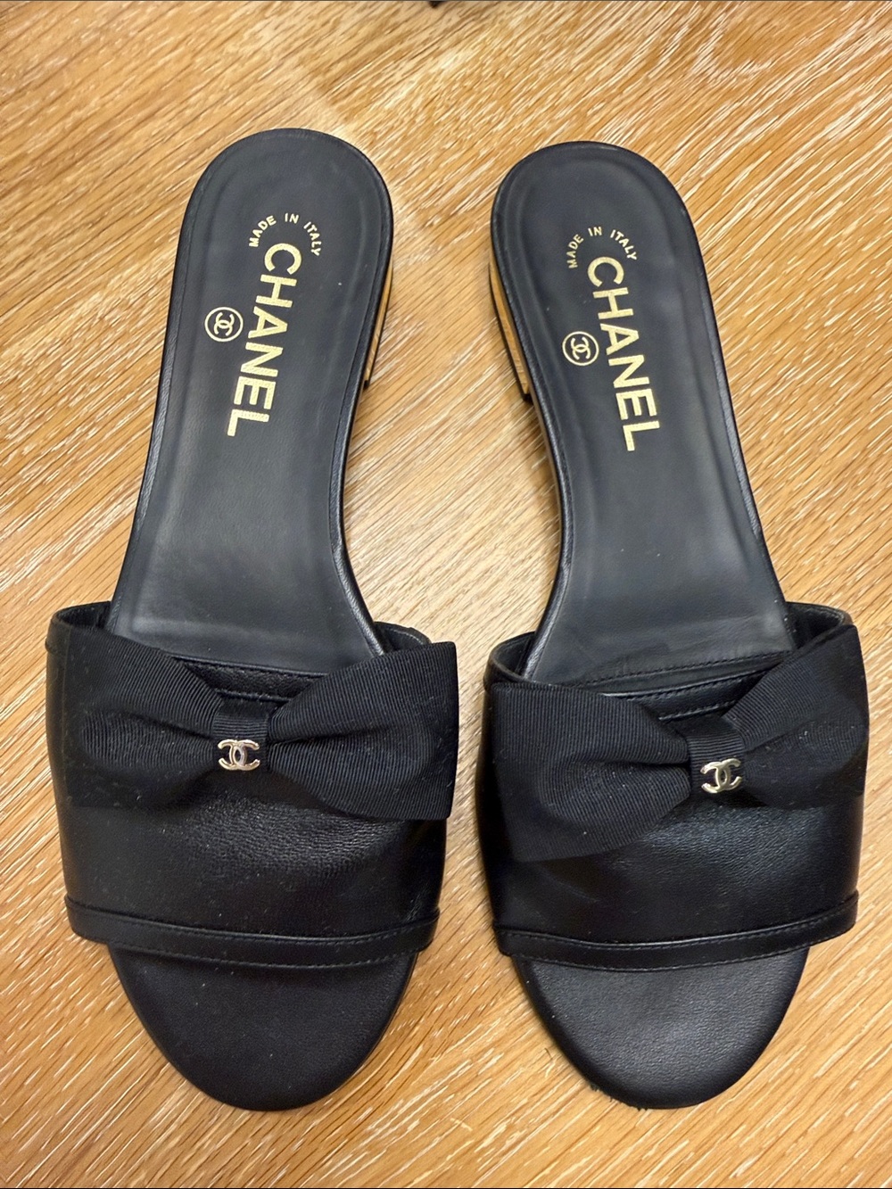 CHANEL Black Bow Slide Mules with CC Charm